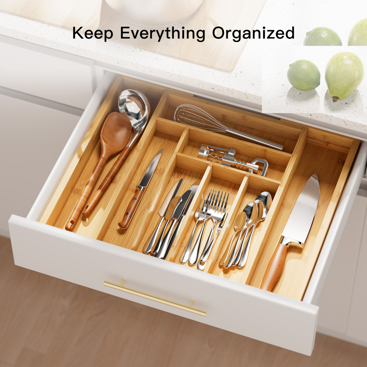 Luzius Bamboo Adjustable Expandable 8 Slot Flatware Drawer Organizer Silverware Organizer for Kitchen Utensils